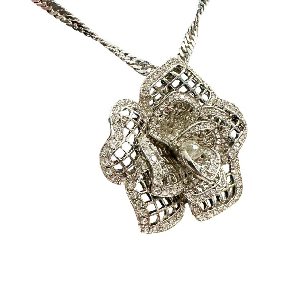 WHBM Necklace Jewelry Statement 35" Convertible Silver Tone Flower Pin Pendant